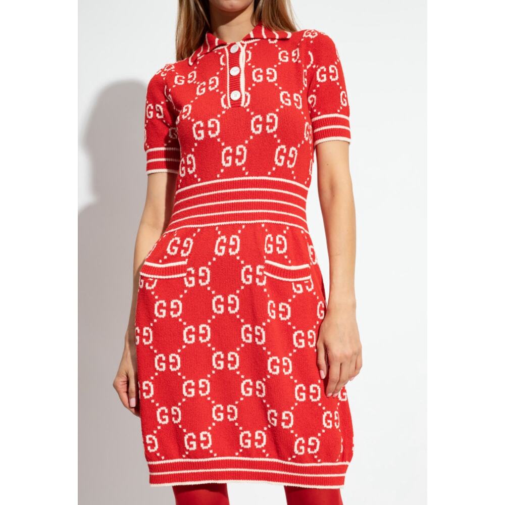 Gucci GG Monogram Logo Red Polo Dress Sweater Red White Small Cotton